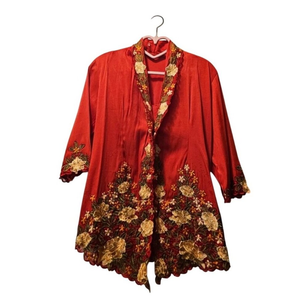 Red Floral Embroidered Open Front Kimono Jacket With 3/4 Sleeves And Scalloped H